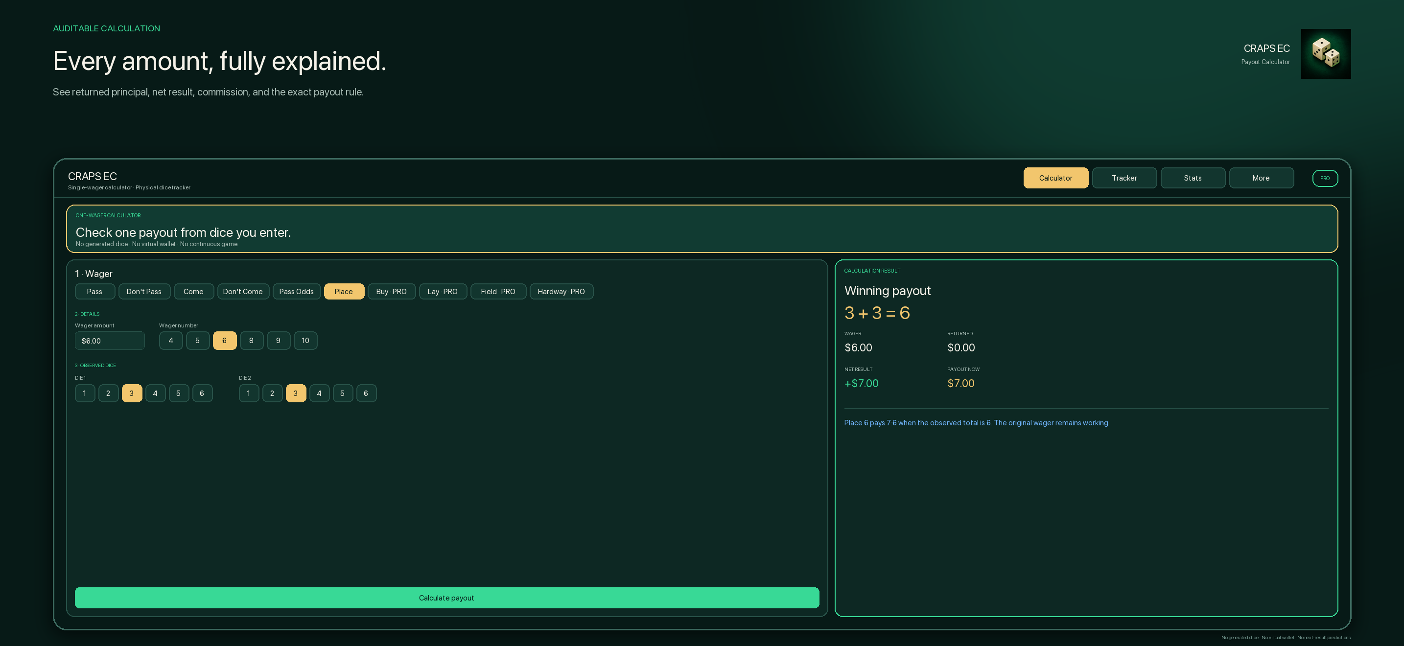 Craps EC payout breakdown showing principal, profit, vig, and rule explanation