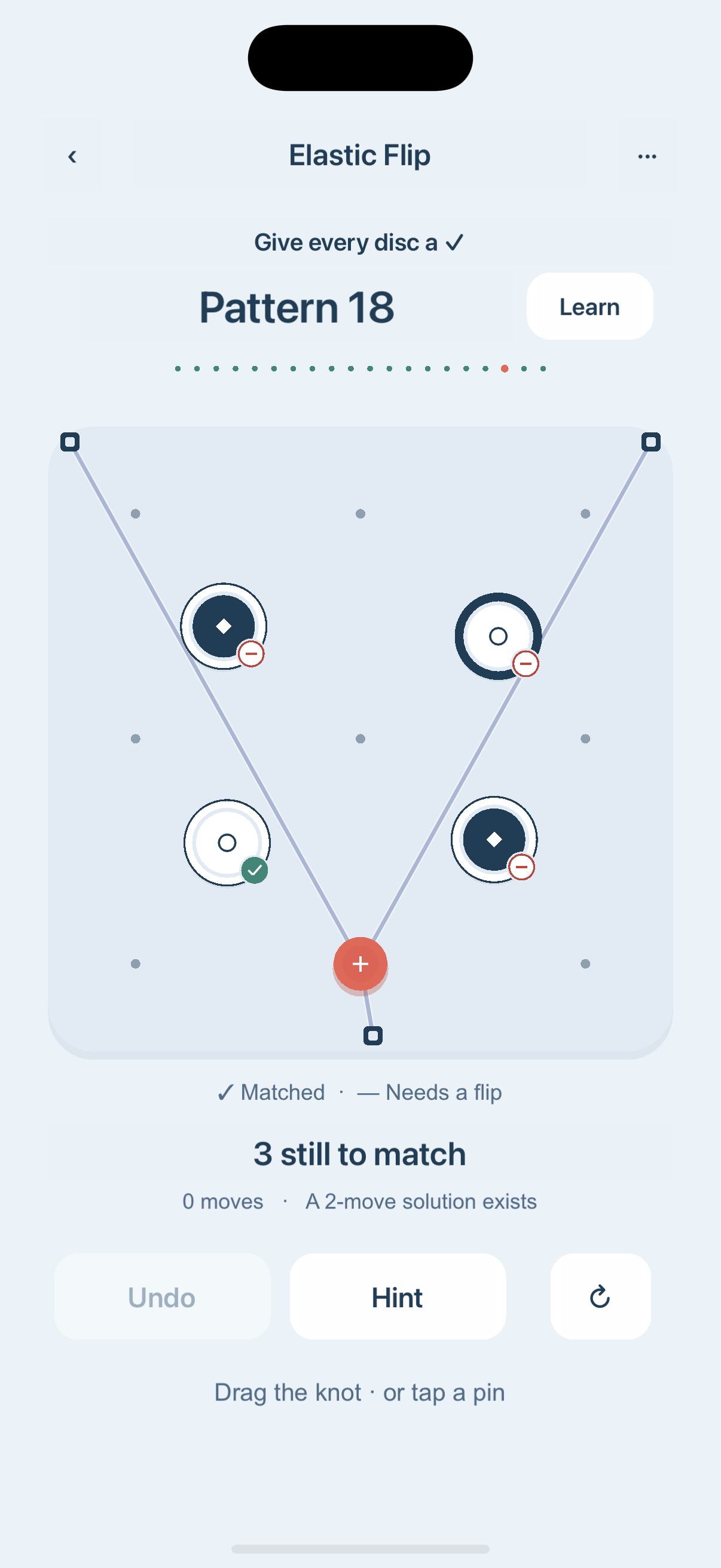 Elastic Flip running on iOS, showing the elastic lines, movable handle and matching discs.