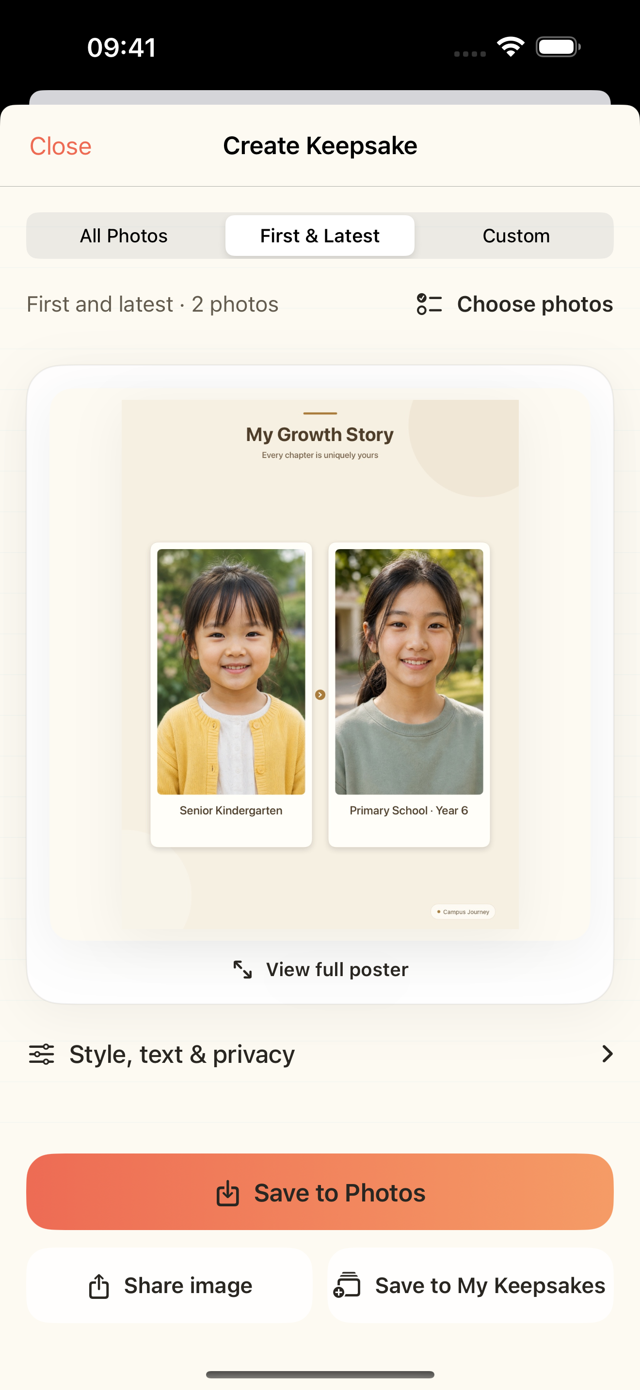 Campus Journey then-and-now preview in English, with actions to save and share a keepsake