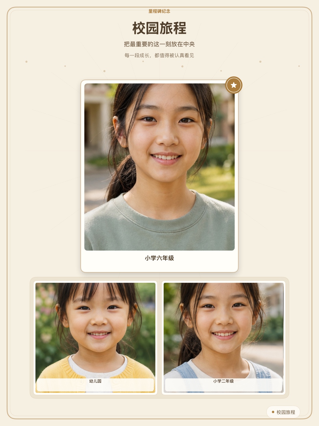 Milestone Day example in Chinese, featuring one large AI-generated portrait and earlier photos below