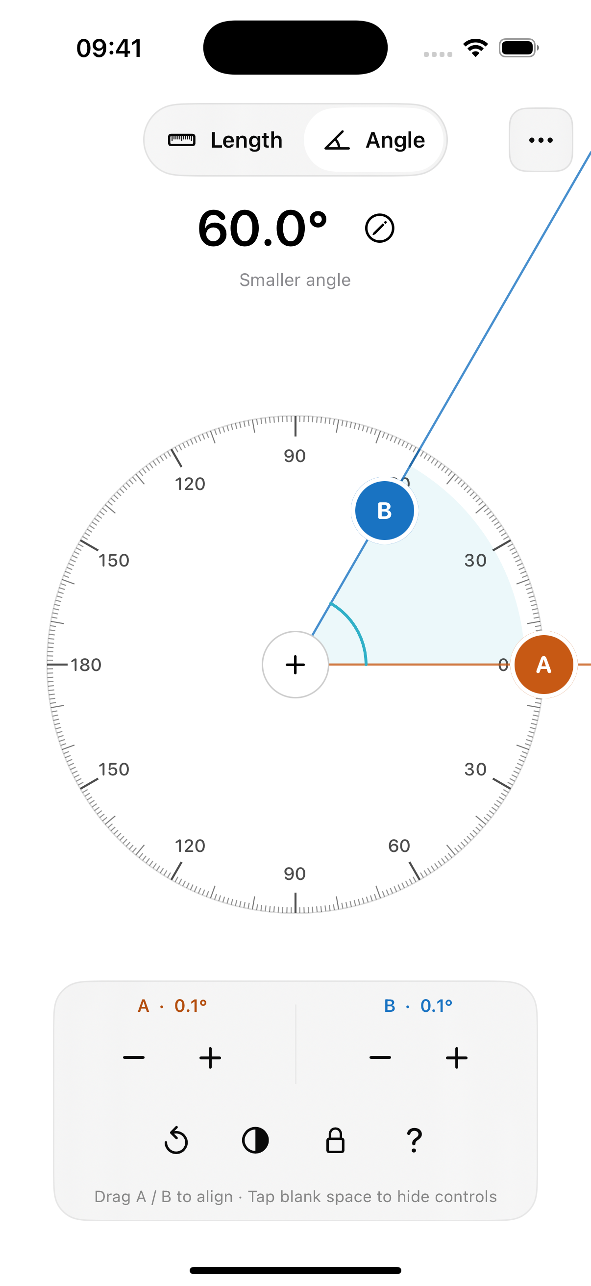 EasyRuler English protractor screen with orange edge A and blue edge B showing a smaller angle of 60°.