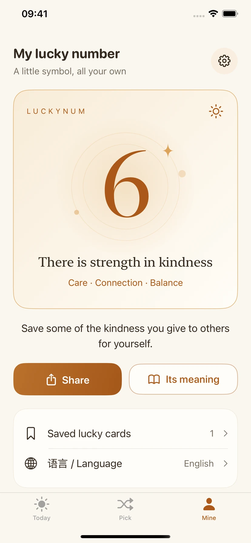LuckyNum personal page showing a personal lucky number, its meaning and a share button
