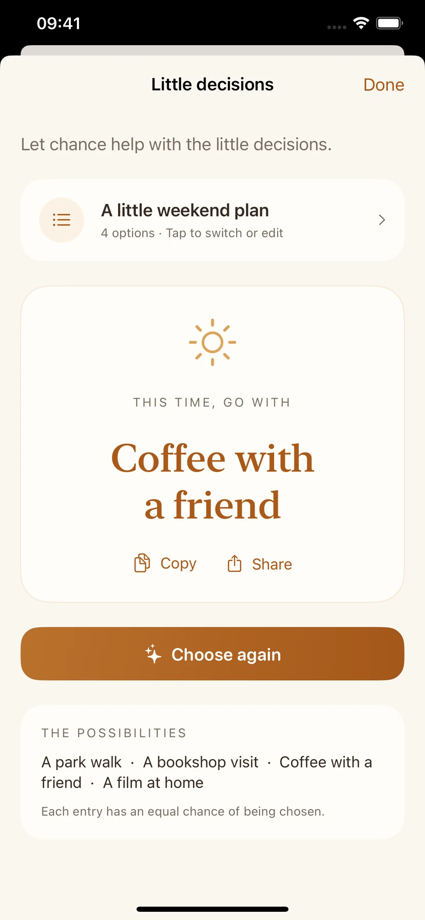 LuckyNum decision-list screen showing an editable list for everyday choices