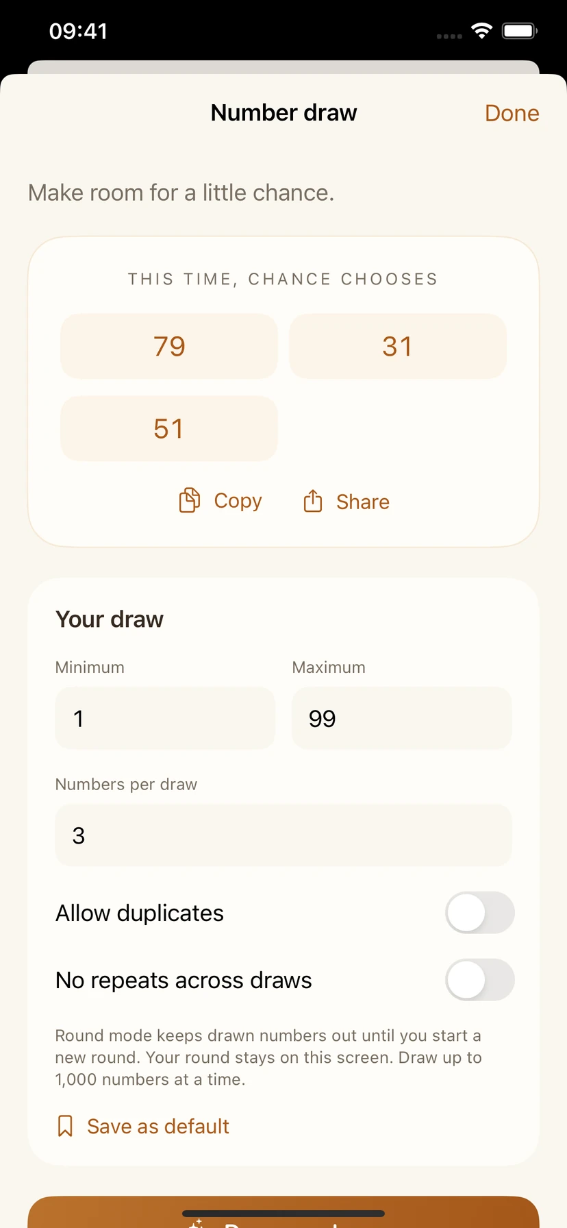 LuckyNum random-number screen showing a range, quantity and rules for repeated numbers
