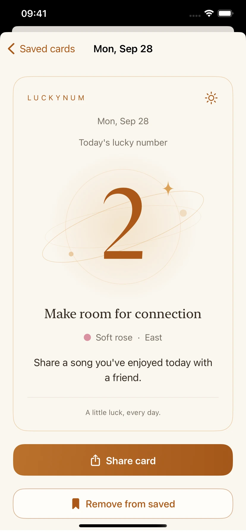 LuckyNum saved-cards screen showing daily lucky cards stored on the device