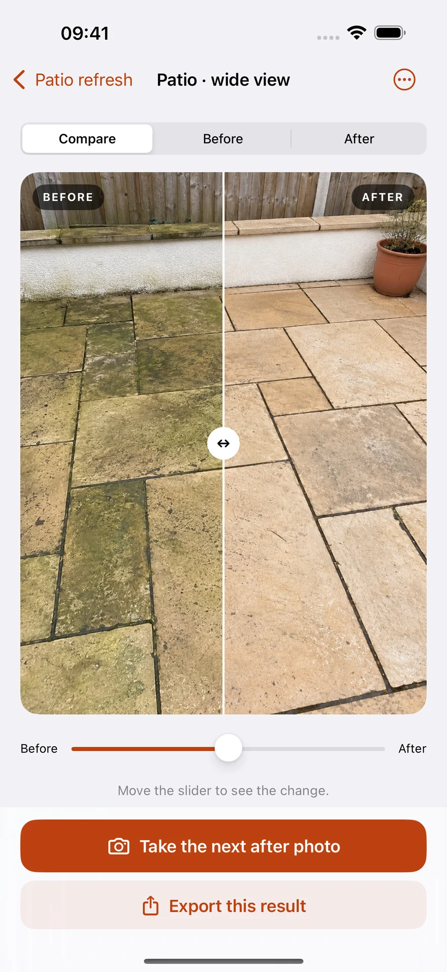 Actual ResultCam comparison screen with a slider between AI-generated before and after patio photos