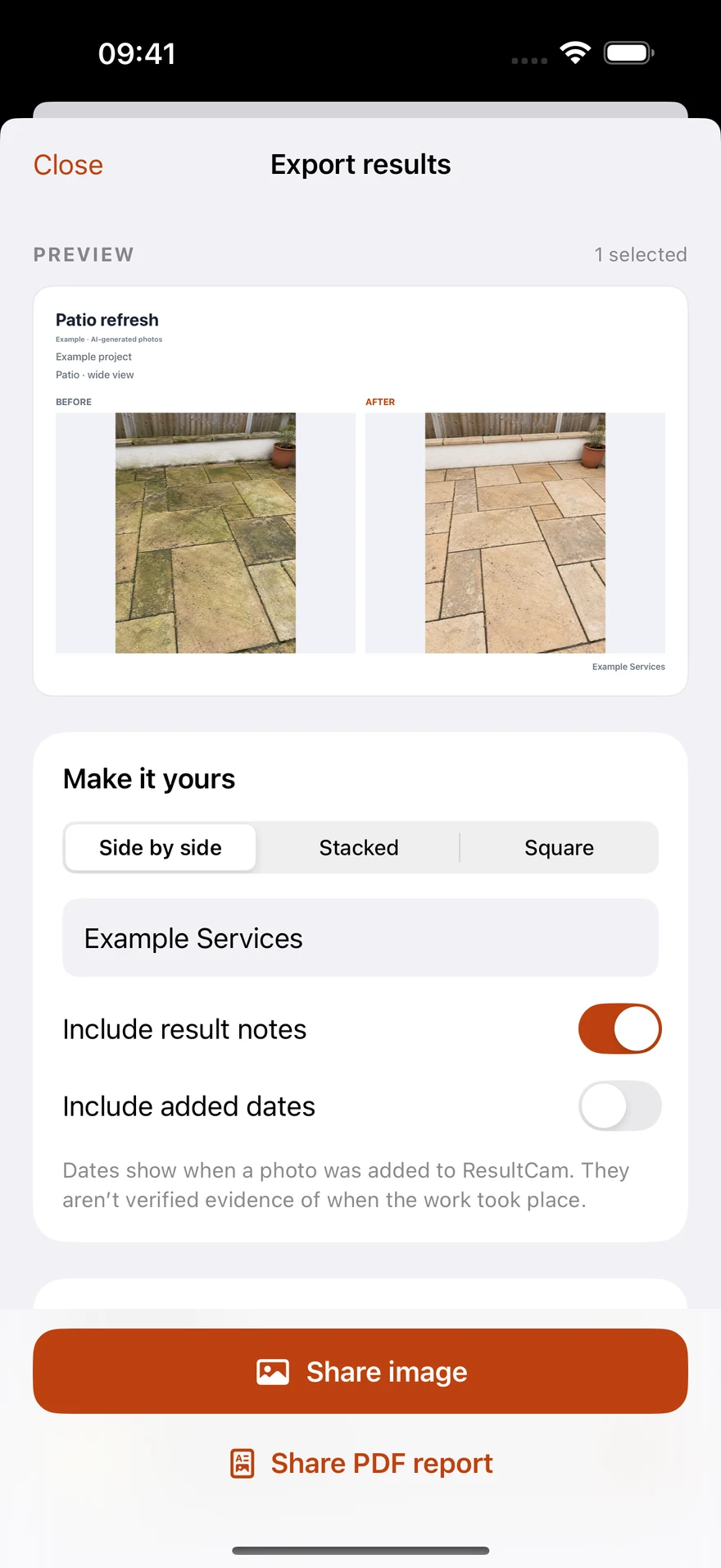 Actual ResultCam export screen with a horizontal comparison, business name, notes, and JPG and PDF sharing options