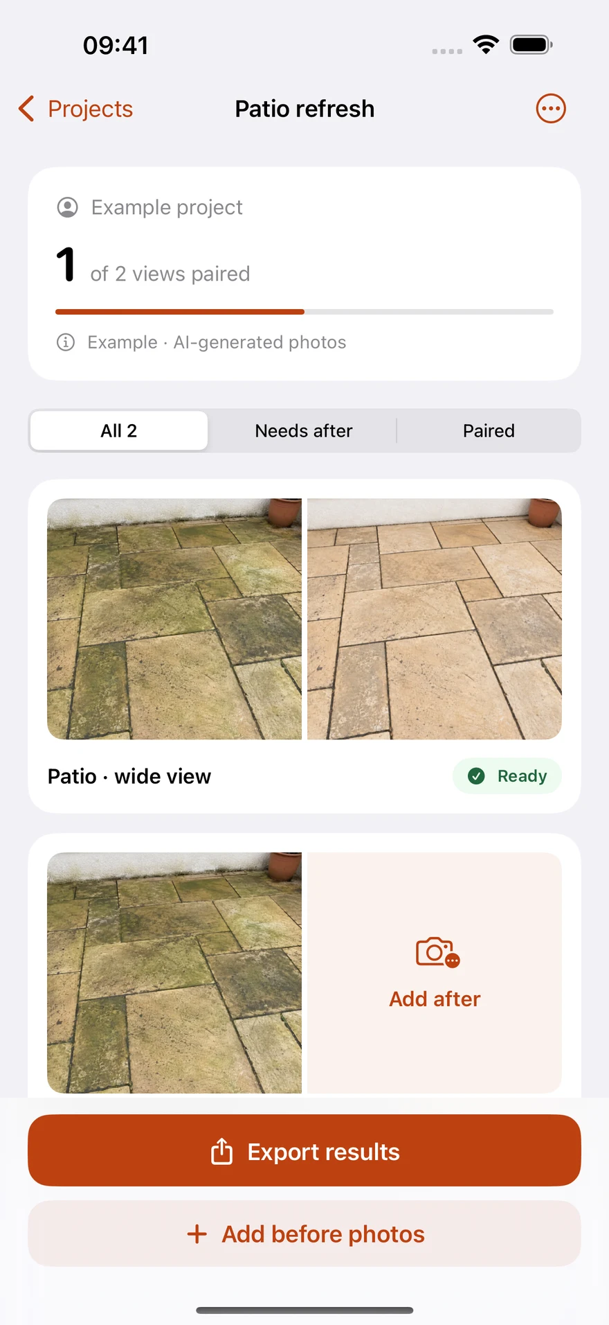 Actual ResultCam project screen showing paired and missing after photos in an AI-generated patio example
