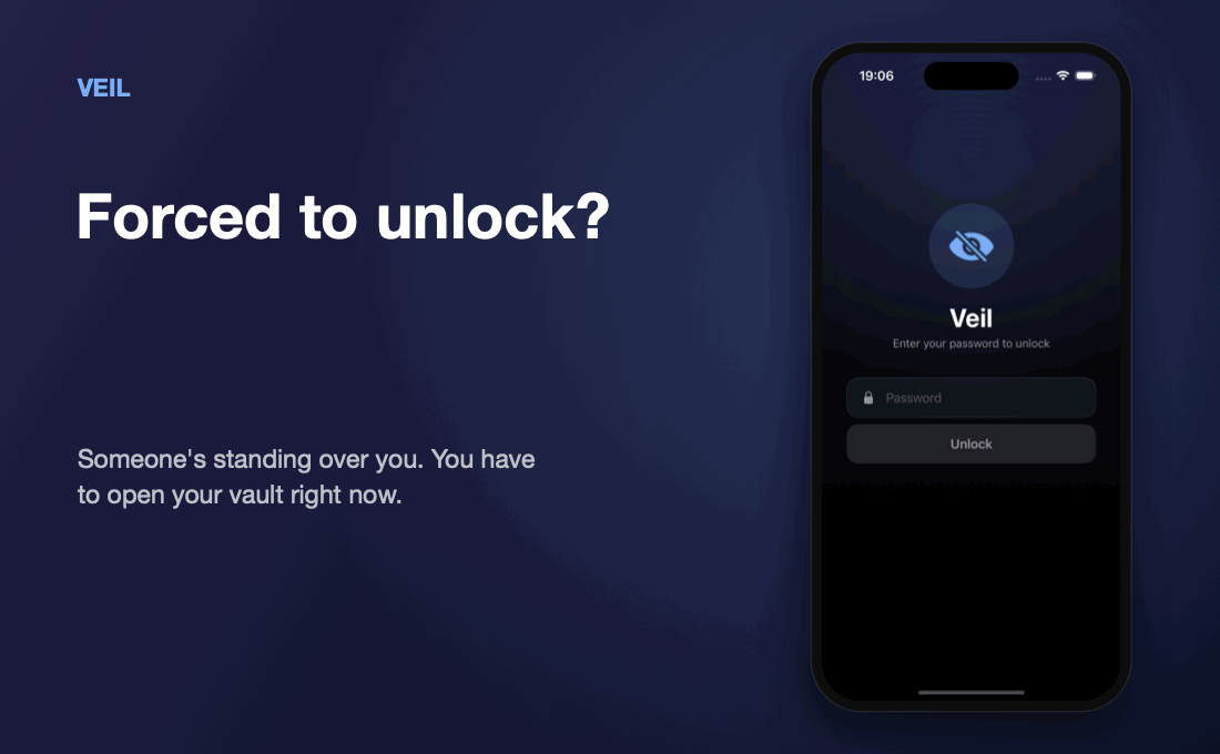 Forced to unlock? Enter a decoy password and they see a harmless album — your real photos stay invisible.